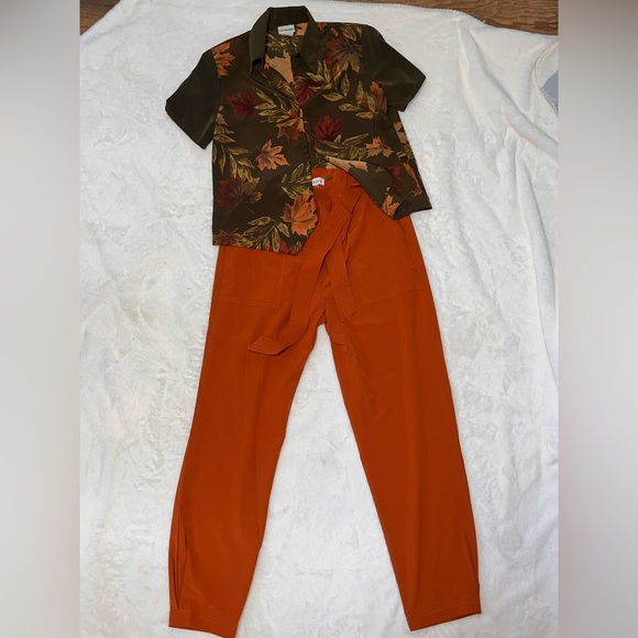 Liz Baker Brown and Orange Leaf Print Button Down Shirt - Picture 5 of 5